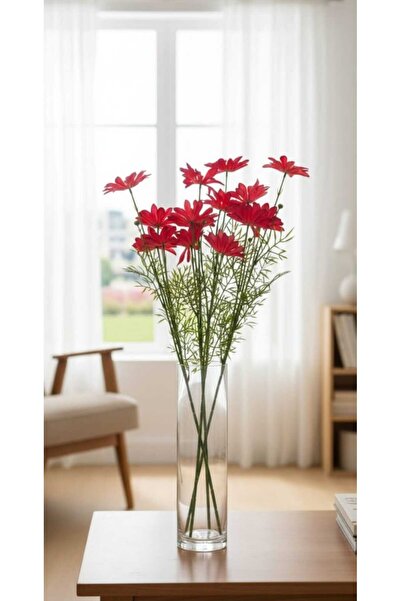 ENRUFLORA Yapay Kırmızı Papatya 4 Kafalı/Çiçekli 75 cm Salon Balkon Bahçe Ara...