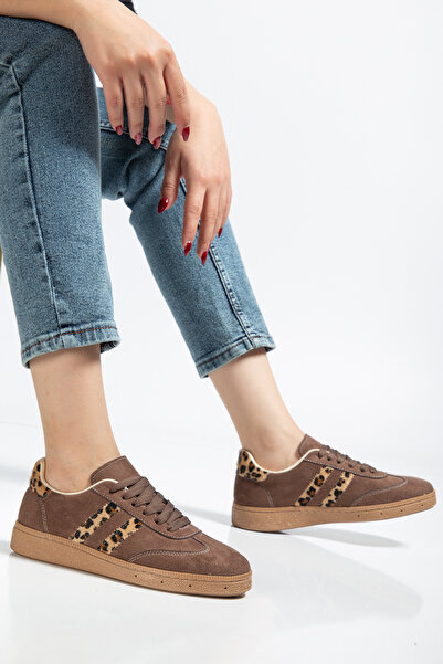 BAHRİNA Women's Brown Suede Leopard Casual Sneaker