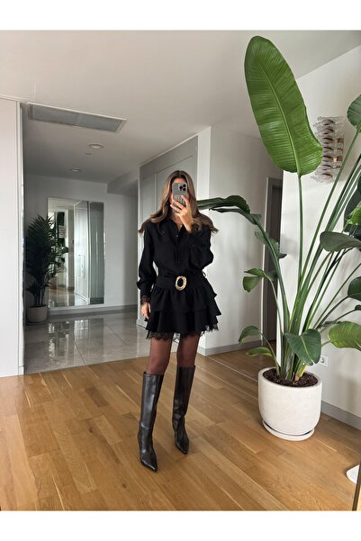 khar Shirt Collar Lace Detail Mini Belted Dress