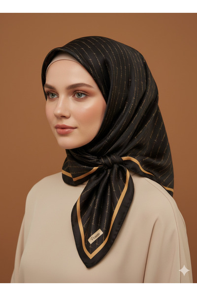 Picasso Silk Look Black-Orange Crystal Scarf – Twill Stylish Design 90X90