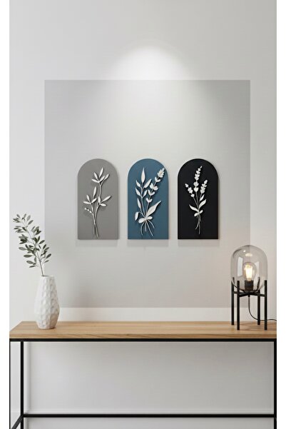 Amorf Design 3'lü Modern Arş Serisi: Botanik Dokunuşlu Ahşap Duvar Dekoru Seti