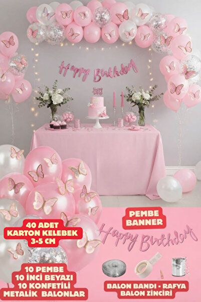 Baloncu Nene Happy Bırthday Yazı Gümüş Konfetili 30 Adet Kelebekli Pembe İnci...