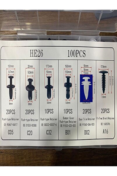 Özasya AVM 6 Boyutu 100 Adet Oto Fastener Klips Tampon Kapı Pervazı Tutucu Raptiye Seti