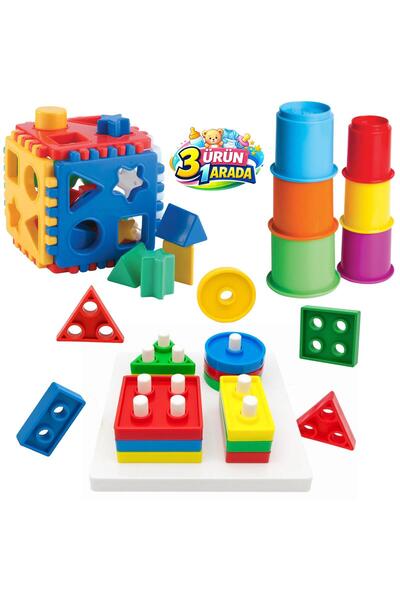 OyuncakZade Geometrik Şekiller Bultak + Silindir Kule + Bul Tak Puzzle Eğitic...