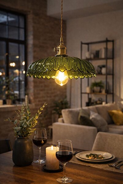 Luna Lighting Roma Model Yeşil Cam Klasik Sarkıt Tekli Avize