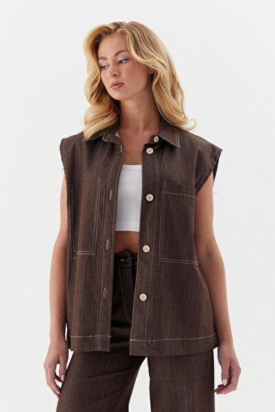 ONNO PRIVE Süs Cep Dikişli Slim Yelek Kahverengi