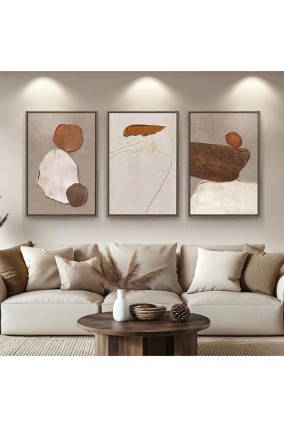 ALAYRA International مجموعة من 3 لوحات فنية تجريدية محايدة مؤطرة على قماش (40...