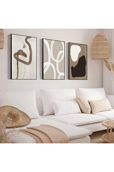 ALAYRA International مجموعة من 3 لوحات فنية تجريدية محايدة مؤطرة على قماش (40...