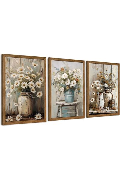 ALAYRA International مجموعة من 3 لوحات فنية تجريدية محايدة مؤطرة على قماش (40...