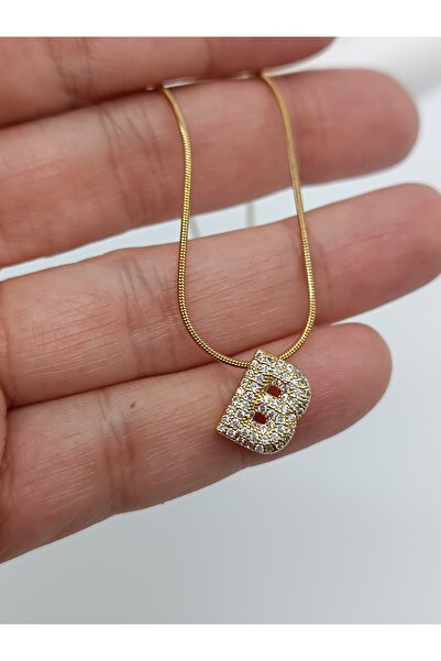 LAgül Aksesuar 316L Çelik Kararmaz Taşlı Gold Harf Kolye B harfi