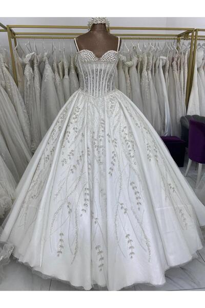 Sibelse Gelinlik Kristal Taş İşlemeli El İşçiliği Prenses Model Gelinlik