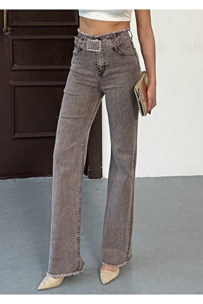 Swet Shop Jeans Women's High Waist Brown Belted, Waist Tassel Leg Tassel Pala...