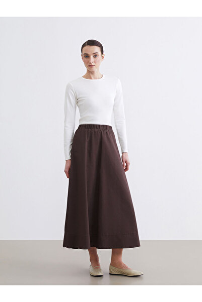 LC Waikiki Lcw Modest Brown Elastic Waist Poplin Flared Skirt