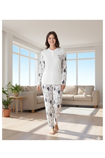 İpek Women's Long Sleeve Button down Collar Patterned Thermal Pajama Set