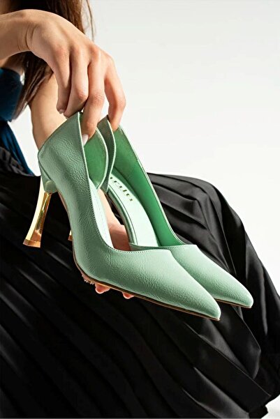 Parparastil Demry Green Women's Pointed Toe 9cm Thin Heels Gold Color Metal H...