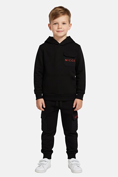 Nicce طقم ملابس للأطفال الصغار من قطعتين، هودي وبنطال رياضي بشعار ماركة، أسود