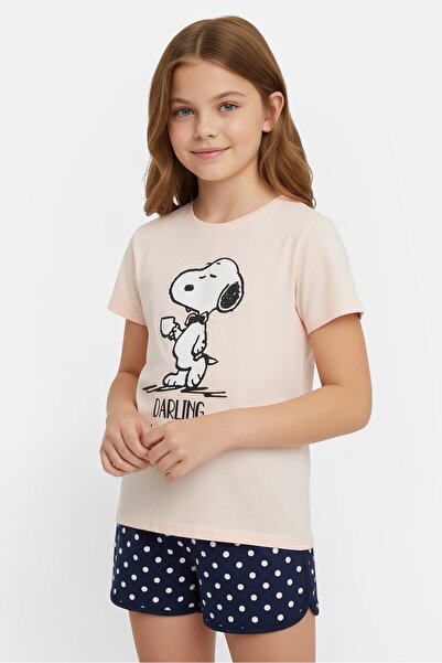 PEANUTS طقم بيجاما للبنات مكون من قطعتين، تيشيرت وشورت مطبوع برسومات، متعدد ا...