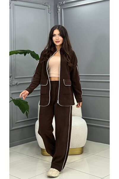 Cannes مجموعة زارينا براون مكونة من ياقة مرتفعة متوسطة الطول جيوب بسحاب