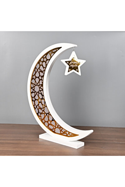 Generic Ramadan decoration: LED crescent moon with wooden star, 62cm, gold en...