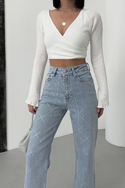 MADAMMERY Shiny Stone Patterned Palazzo Light Blue Jeans Flexible Comfortable...