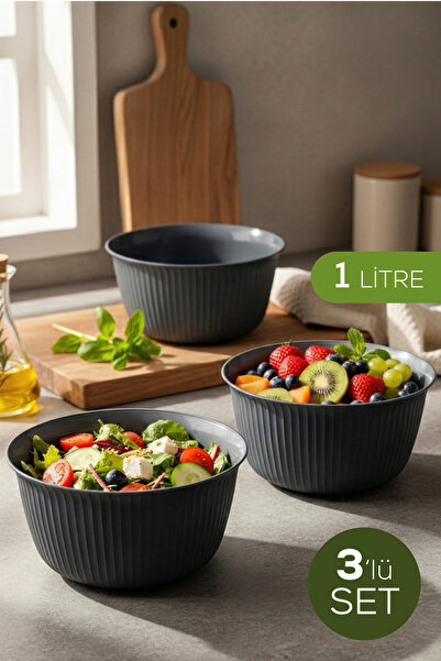 Vienev 3'lü 1 Litre Plastik Karıştırma ve Saklama Kase Seti Antrasit