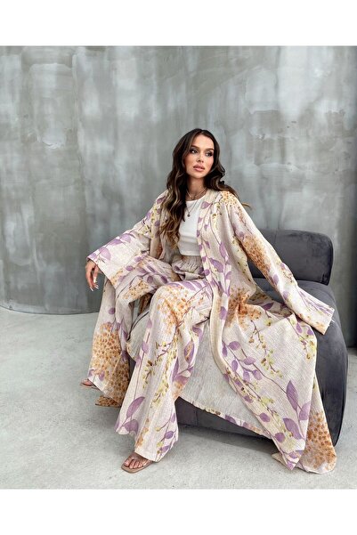 Lux Home Istanbul Linen Floral Patterned Kimono Pants Set