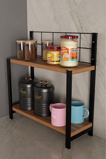 steel desing 2 Katlı Tezgah Üstü Mutfak Rafı | Metal Çerçeveli Baharat & Kahv...