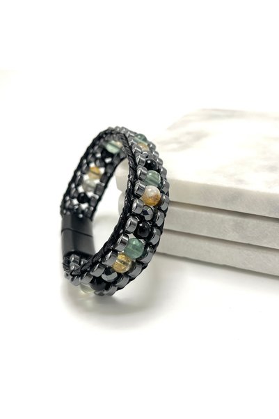 YILDIZ DOĞAL TAŞ Certified Aquarius Zodiac Sign Disc Model Natural Stone Men's Bracelet with Magnetic Clasp
