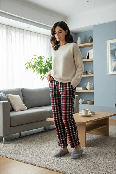 HAVVA HOME Erkek Kadın (Unisex) Ekose Desenli Kareli Polar Pantolon Çift Komb...