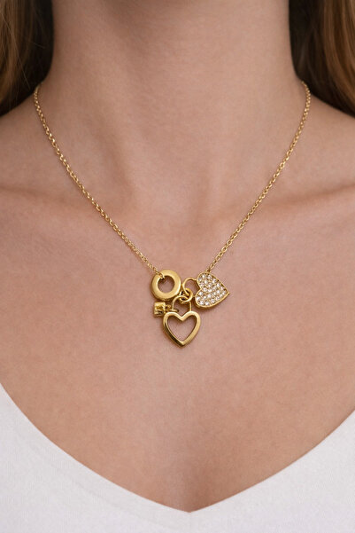 liore dünyası Together Always Written Heart Charm Detailed Steel Necklace – G...