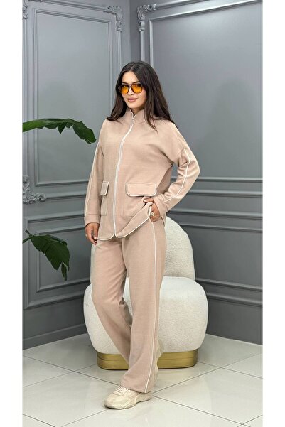 Cannes طقم زارينا كريم مكون من ياقة مرتفعة متوسطة الطول جيوب بسحاب