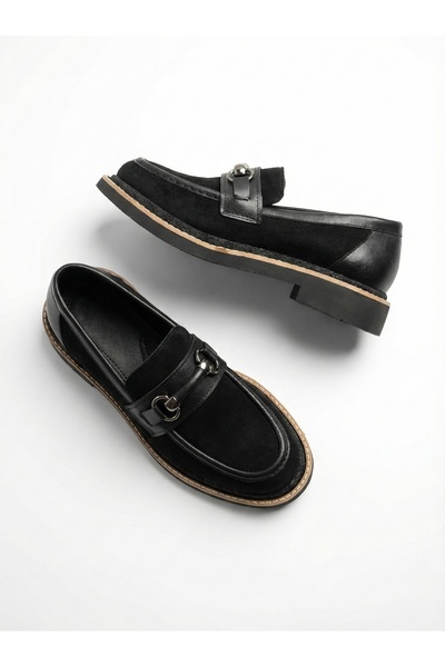 JOİN POLO Siyah Süet Deri Görünümlü Loafer / Tokalı Kalın Tabanlı Kadın Mokas...