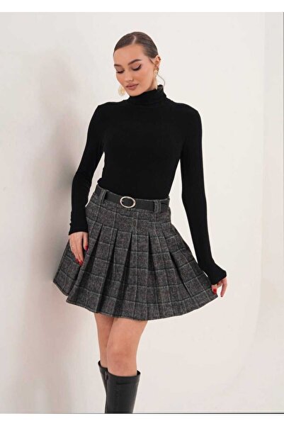 Azra Moda Style New Season Plaid Pleated Cashmere Skirt for Women