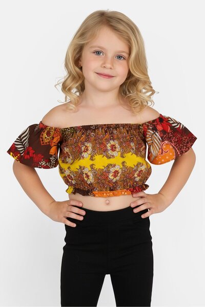 For The Black Kids Girl Off Shoulder Short Sleeve Paisley Top, Multicolor