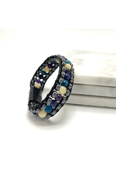 YILDIZ DOĞAL TAŞ Certified Pisces Zodiac Sign Disc Model Natural Stone Men's Bracelet with Magnetic Clasp