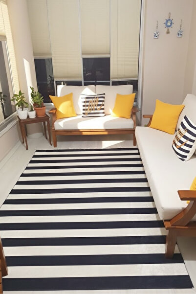 CENTER AVM Beyaz Siyah Halı Salon Halısı Makinede Yıkanabilir Halı Kaymaz Tab...