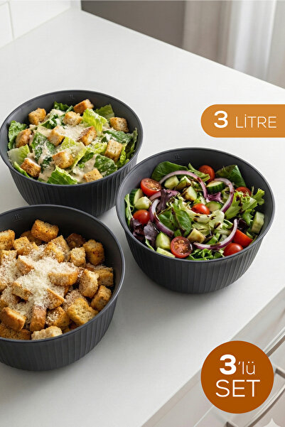Vienev 3'lü 3 Litre Plastik Karıştırma ve Saklama Kase Seti Antrasit