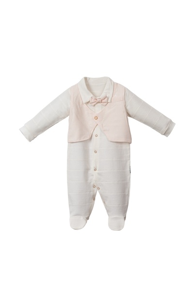 Kereminko Bebek Baby Boy Stylish Newborn Jumpsuit with Bow Tie and Cream Vest Detail