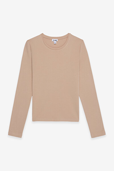 COMMON MELON Kadın Yuvarlak Yaka Uzun Kollu Basic Pamuklu Bluz Bej