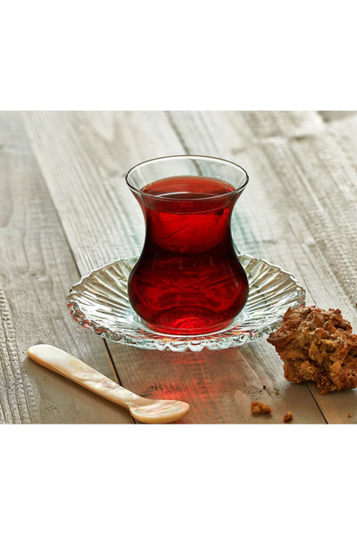 Paşabahçe Set de 6 pahare de ceai turcesc Aurora + 6 farfurii model cristal
