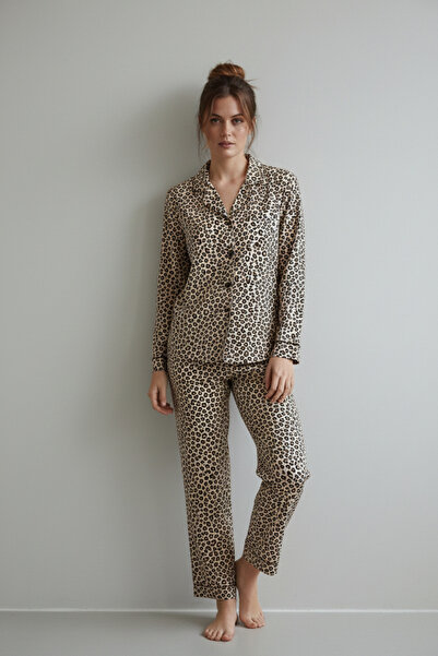 Zekalya Leopard Patterned Milan Fabric Shirt Collar Women's Pajama Set