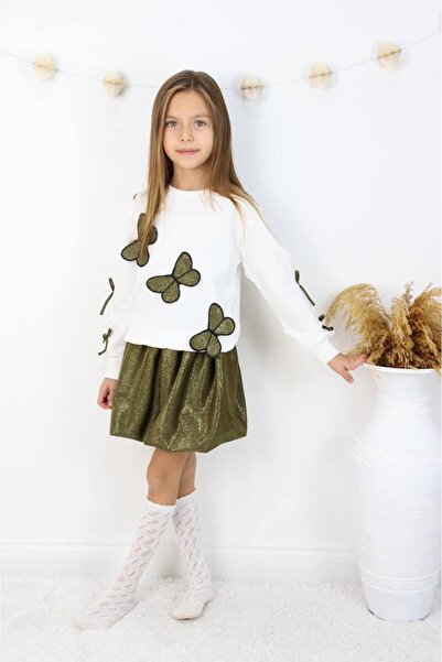 ARBİ kids Girl's Khaki Butterfly Skirt Stylish Set