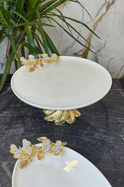 MAY HOME Small 2-Piece Diamond Butterfly Porcelain Serving Plate with Metal Legs