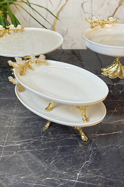 MAY HOME Pırlanta Kelebek Porselen Kayık Meze Tabağı Oval