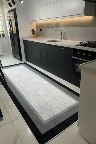 CENTER AVM Siyah Beyaz Halı Mutfak Halısı Makinede Yıkanabilir Halı Kaymaz Ta...