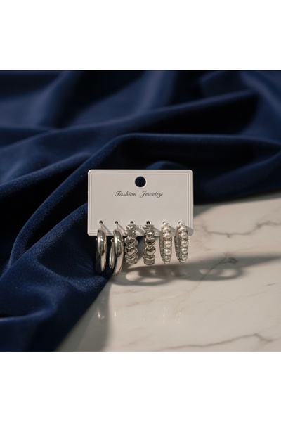 deluxe takı ve giyim Silver Color Multiple Earring Set Steel Does Not Fade