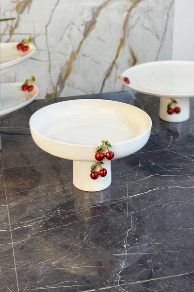 MAY HOME Porselen Kiraz Detaylı Kase & Salata Meyve Sunumluk ( Porselen Ayak)
