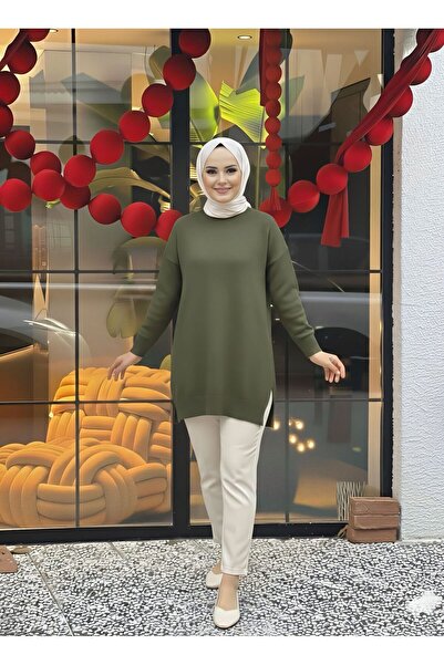 Gioni Khaki Crew Neck Mercerized Casual Knitwear Tunic