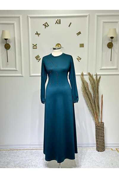 ModaMinar Kadın Kolları Lastikli Kristal Penye Kumaş İnci ve Taşlı Elbise