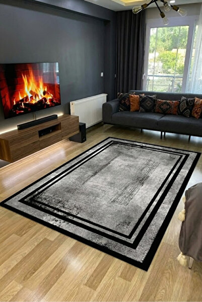 CENTER AVM Siyah Gri Halı Salon Halısı Makinede Yıkanabilir Halı Kaymaz Taban...